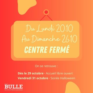 Le centre sera fermé du lundi 20.10 jusqu’au dimanche 26.10 !🍁🍂
Nous nous réjouissons de vous revoir à l’accueil dès le mercredi 29 octobre et lors de la soirée Halloween le 31 octobre ! 🧛🧙