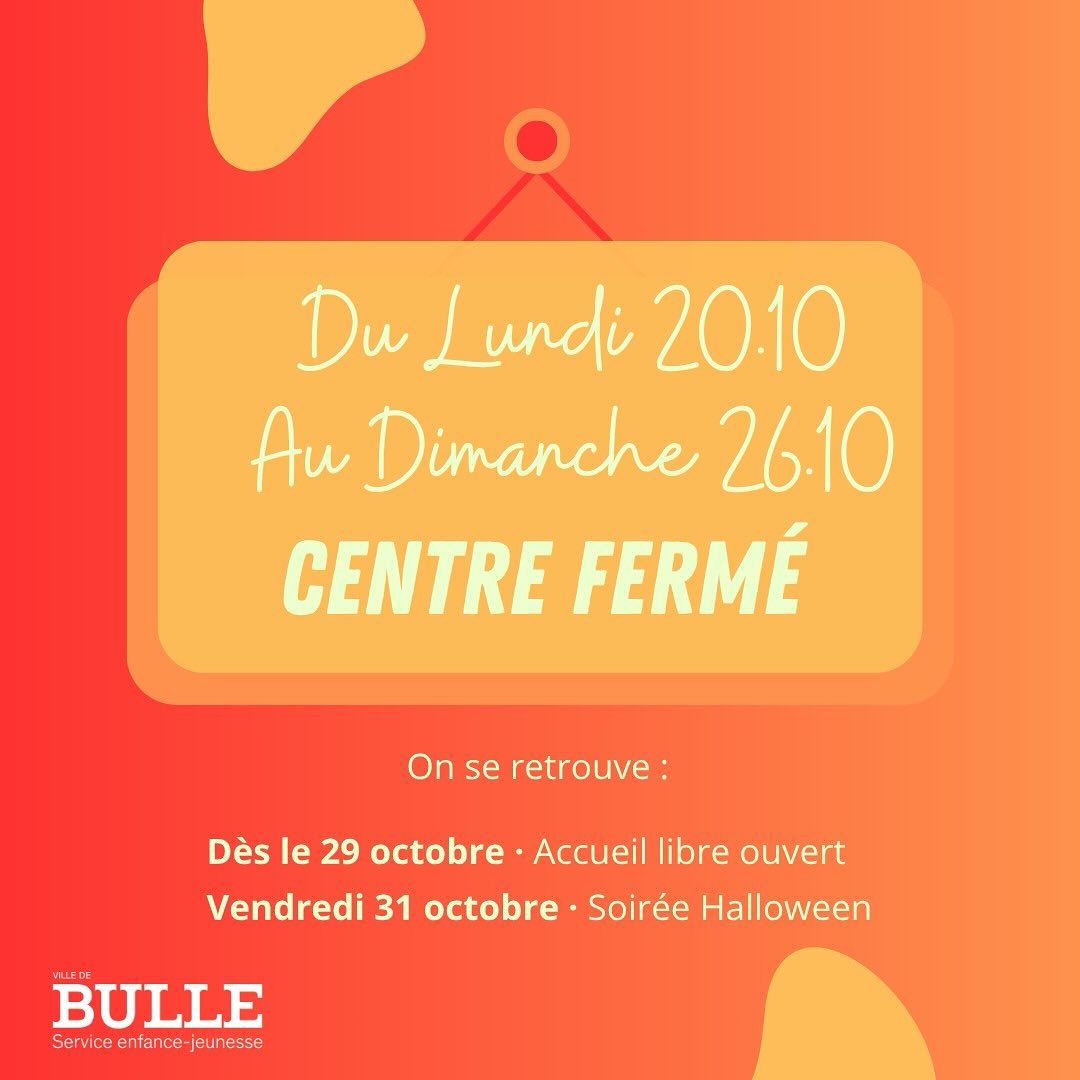 Le centre sera fermé du lundi 20.10 jusqu’au dimanche 26.10 !🍁🍂
Nous nous réjouissons de vous revoir à l’accueil dès le mercredi 29 octobre et lors de la soirée Halloween le 31 octobre ! 🧛🧙
