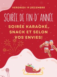 Venez profiter du dernier accueil de l’année 2025 vendredi 19 décembre!🎆
-karaoké 🎤
-snacks 🍿
-bonne ambiance 😁
-selon vos envies 💡