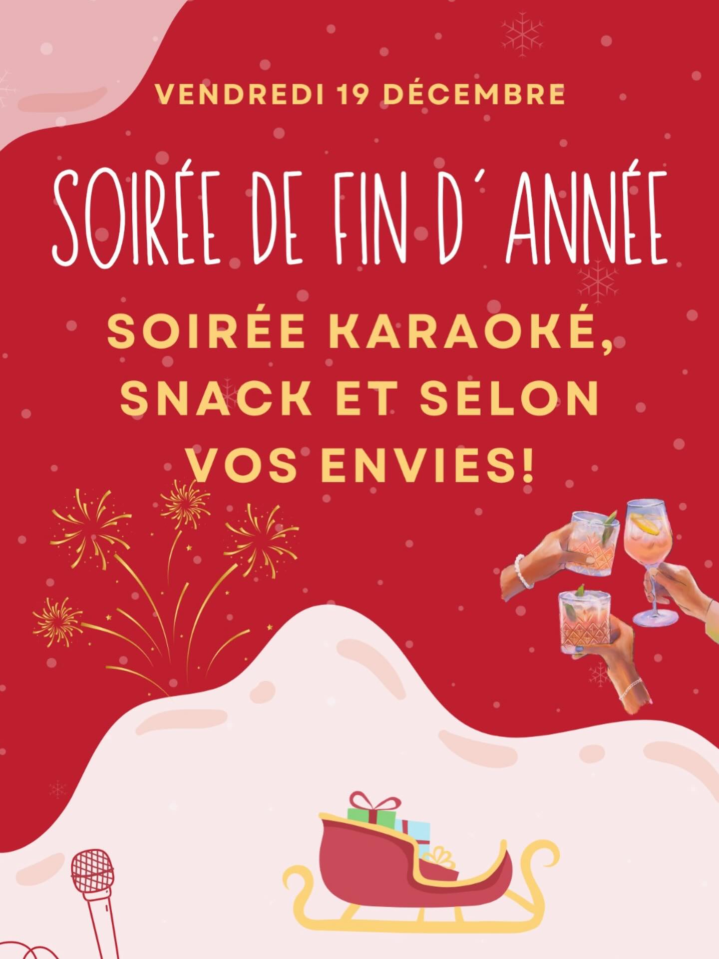 Venez profiter du dernier accueil de l’année 2025 vendredi 19 décembre!🎆
-karaoké 🎤
-snacks 🍿
-bonne ambiance 😁
-selon vos envies 💡