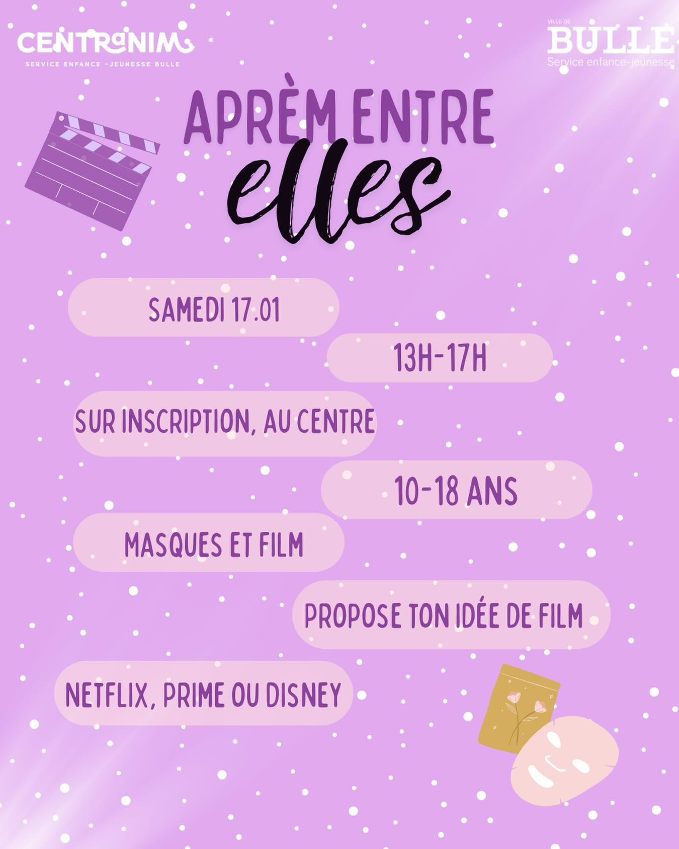 Aprèm entre elles samedi 17.01.2026 ! 
Propose une idée de film disponible sur Netflix, Prime ou Disyney + 
Inscrit toi dès maintenant au centre 🥳