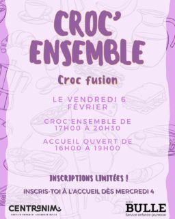 Croc fusion ! 😋
Inscris-toi dès ce mercredi 04 février à l’accueil ! 🖌️
