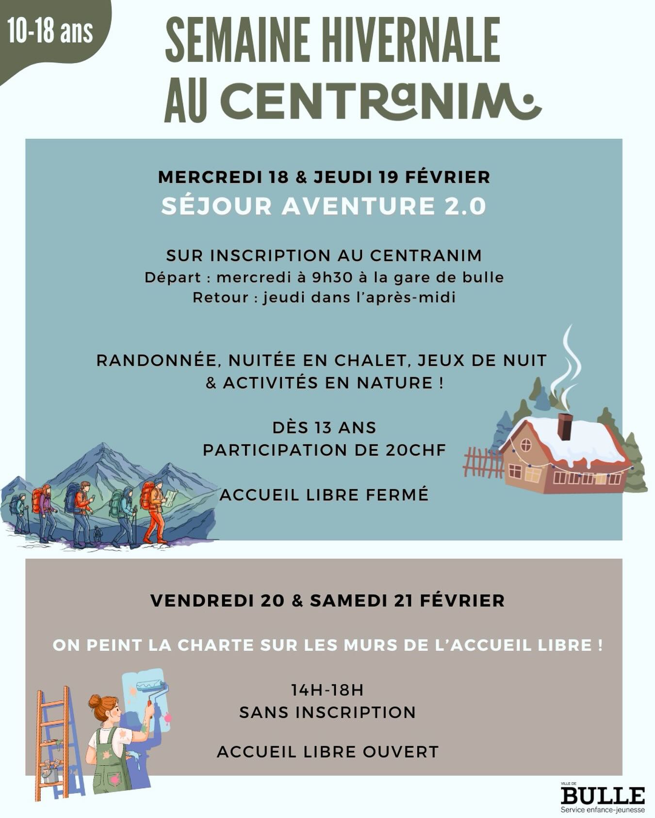 La semaine hivernale approche ! ❄️
Inscris toi au séjour aventure et/ou viens nous aider à peindre la charte de l’accueil ! 🥳