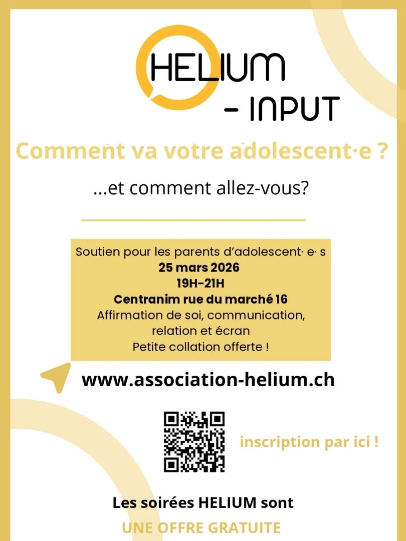 Hélium Input 🧩
Comment va votre adolescent-e ?
Moment d'échange gratuit le 25 mars de 19h à 21h👥