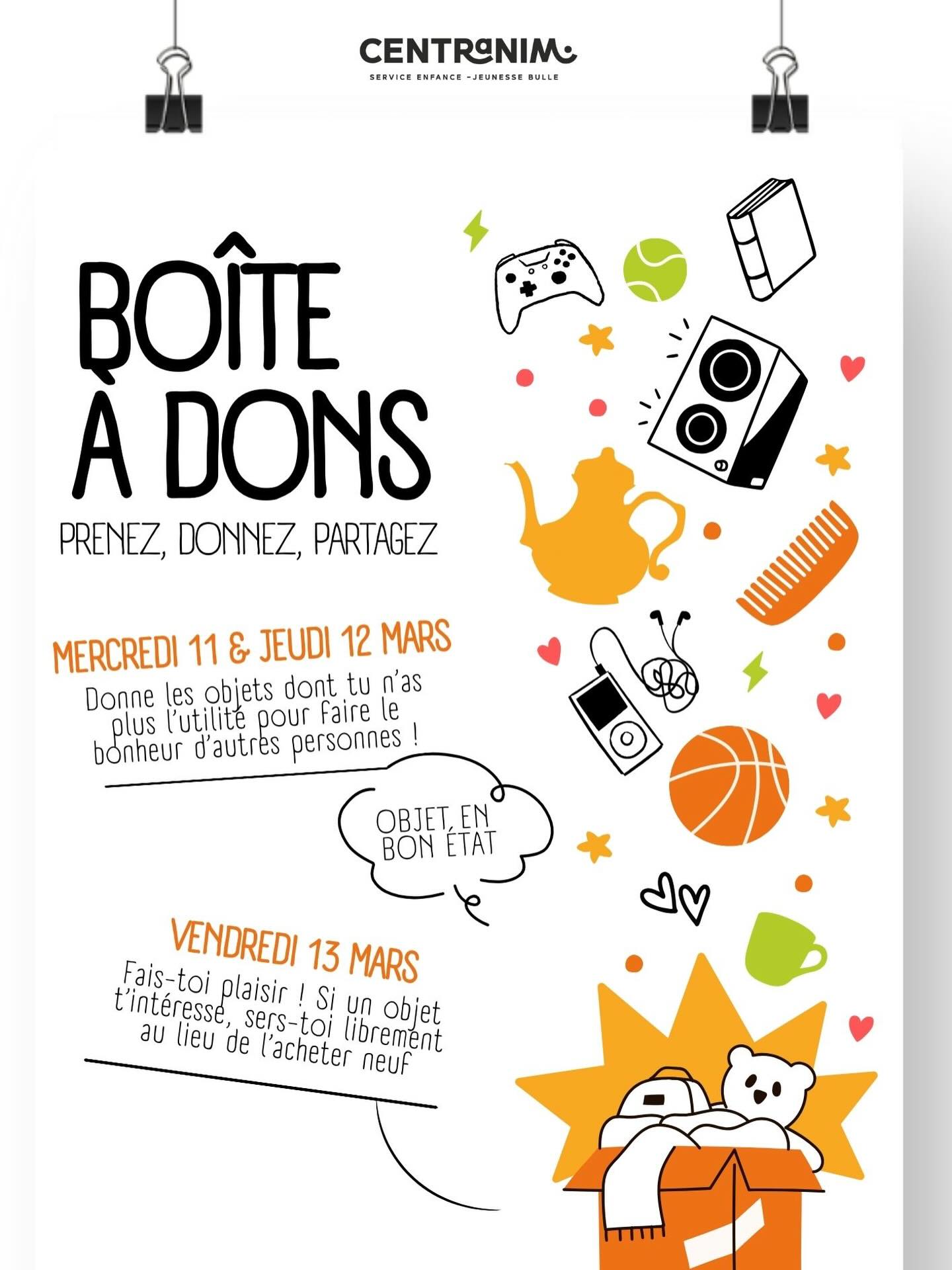 Prenez, donnez et partagez! 🎁
Découverte de notre boîte à dons cette semaine à l’accueil! 

Envie de donner une nouvelle vie à un objet que tu n’a plus besoin ? Pas de soucis, pose le dans la boîte ! 
Envie d’un nouvel objet? Problème réglé, il y en dans la boîte ! 😉