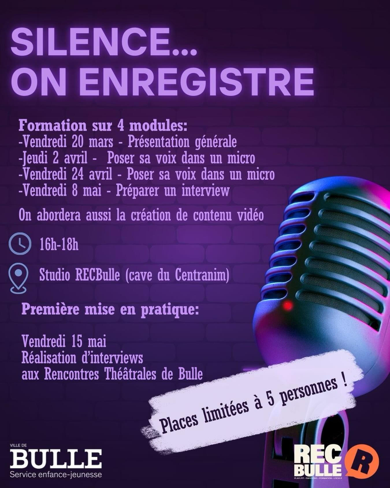 🎙️ Silence… on enregistre !

Envie de tester le micro et de découvrir les coulisses d’une interview ?
Participe à une formation en 4 modules pour apprendre à poser ta voix, préparer une interview et créer du contenu 🎧

🔥 Mise en pratique aux Rencontres Théâtrales de Bulle

🕓 16h–18h
📍 Studio RECBulle (Centranim)
⚠️ 5 places seulement

📲 Tu es intéressé•e ou tu as des questions ? Contacte nous au 079 515 82 17

#bulle #media #interview #radio #podcast