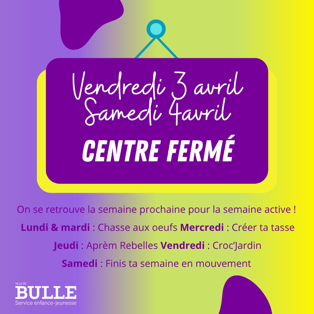 Le centre sera fermé ce vendredi 3 & samedi 4 avril !

On se retrouve la semaine prochaine pour la semaine active 🐣🐰🍫