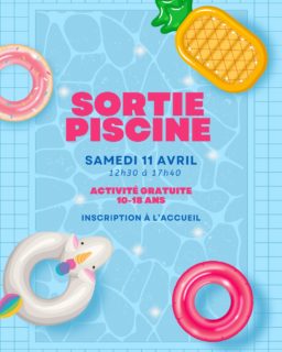 Sortie à la piscine de Romont 

Samedi 11 avril de 12h30 à 17h40

Activité gratuite pour les 10 à 18 ans 

Inscription au Centranim