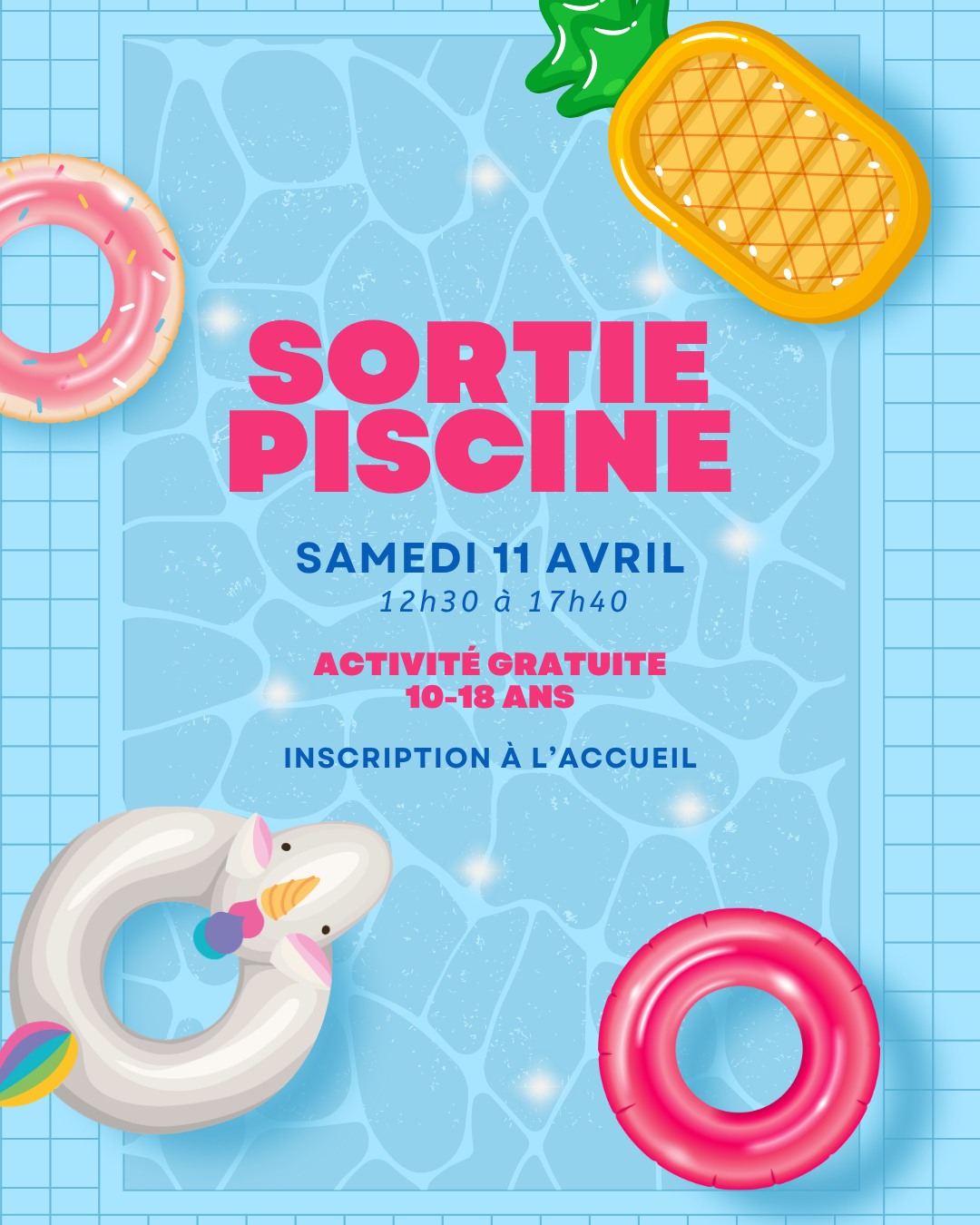 Sortie à la piscine de Romont 

Samedi 11 avril de 12h30 à 17h40

Activité gratuite pour les 10 à 18 ans 

Inscription au Centranim