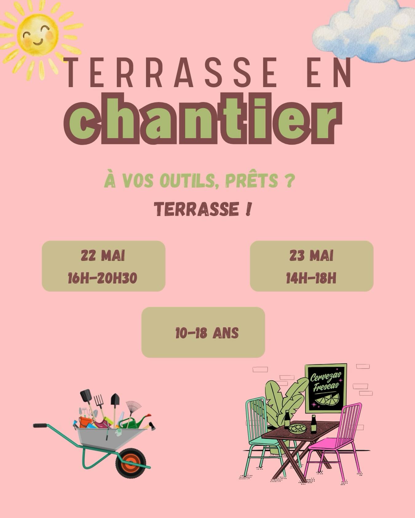 Terrasse en chantier ! 🪚
Viens donner un coup de main vendredi 22 et samedi 23 mai pour renouveler la terrasse avec nous ! 💪🏼