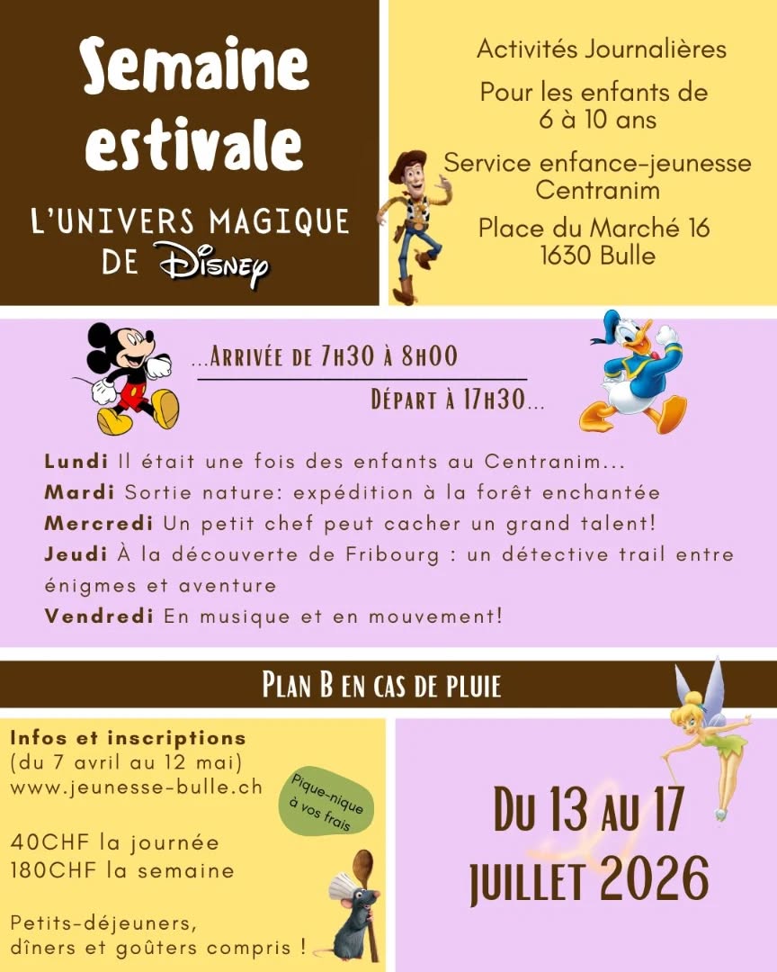 Bonne nouvelle pour les enfants de Pré-en-Bulle (6-10 ans)... les inscriptions pour la semaine estivale du 13 au 17 juillet sont ouvertes !! 🤩

Le monde de Disney vous attend !

Inscrivez-vous jusqu'au 12 mai, les places sont limitées.
Lien d'inscription: https://jeunesse-bulle.ch/centranim/pre-en-bulle-6-10-ans-2/