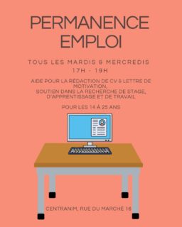 La permanence emploi 

Quand ? Tous les mardis et mercredis, de 17h00 à 19h00

Pour qui ? Tous les jeunes de 14 à 25 ans habitant Bulle et les environs

Pour quoi ? Aide pour la rédaction de CV, de lettres de motivation, de téléphones et d’entretiens

Où ? 3ème étage du bâtiment du Service enfance-jeunesse, Rue du marché 16