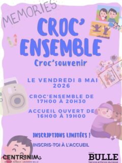 Croc'souvenir !
Replonge toi en enfance en cuisinant😋🍴
Inscription dès ce mercredi 06 mai à l'accueil 🖋