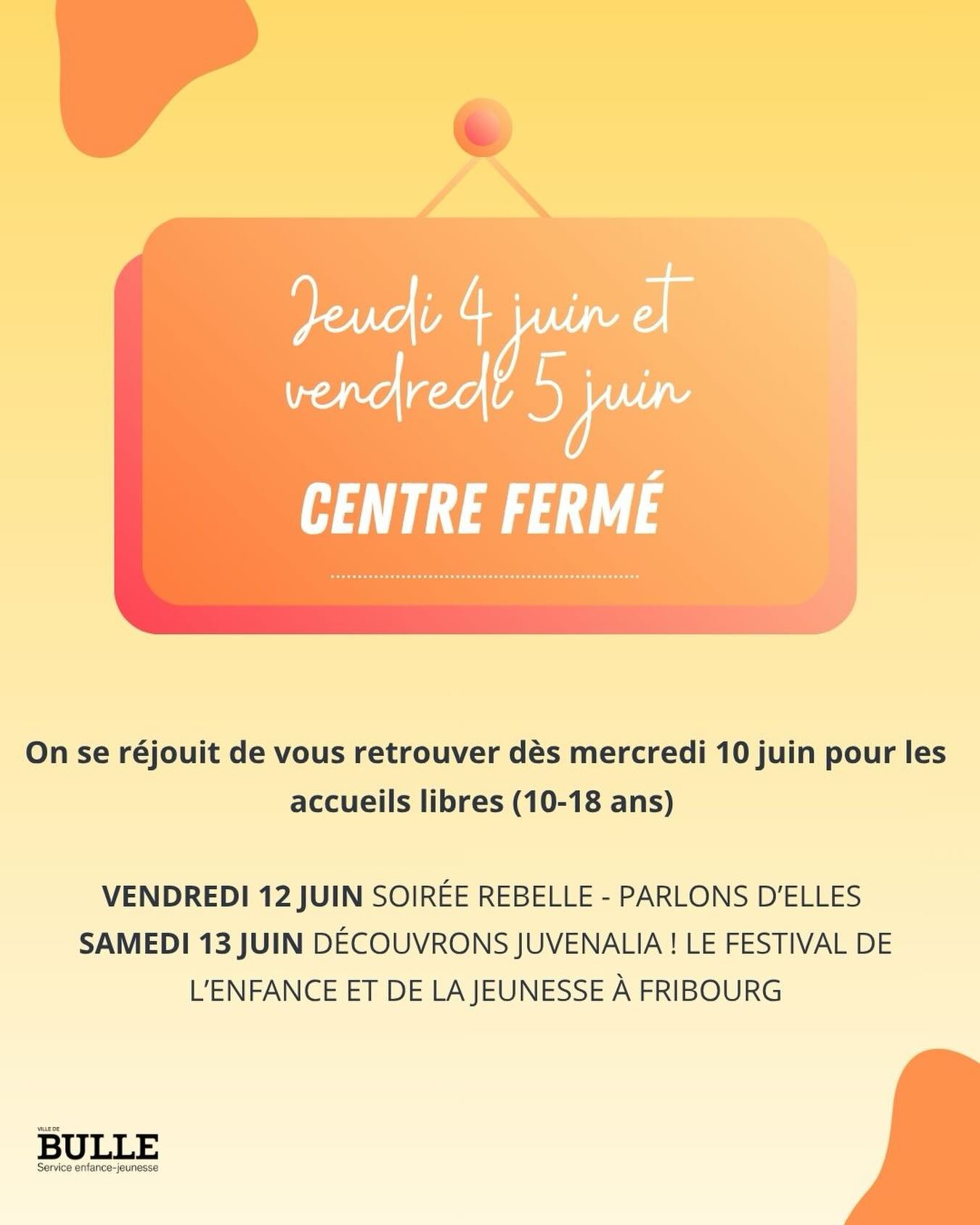 Jeudi 4 & vendredi 5 juin - centre fermé 

On se retrouve la semaine prochaine !