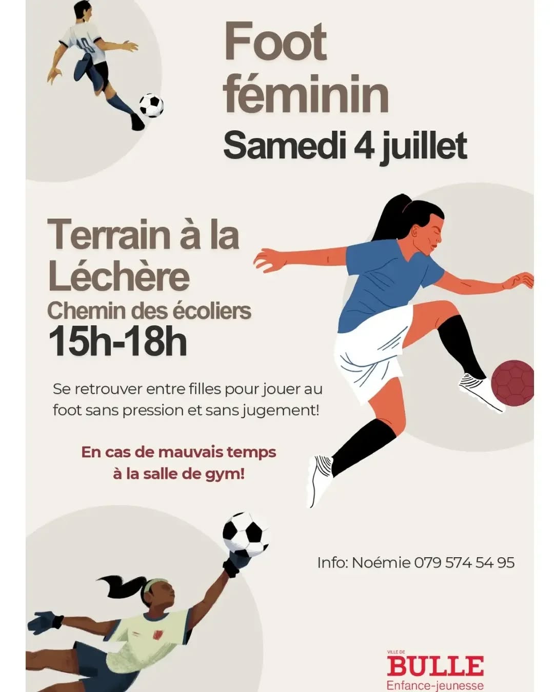 Le foot féminin est de retour le samedi 4 juillet ⚽️
Au terrain de la Léchère, Chemin des écoliers, de 15h à 18h 📍🕜