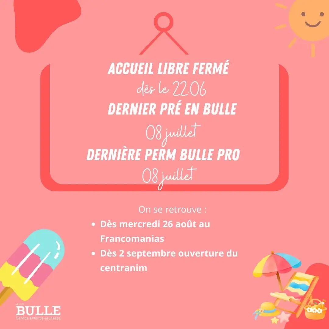 Fermeture de l'accueil libre 22 juin
Derniers pré en bulle 08 juillet
Dernière perm bulle pro 08 juillet
Retrouvez nous au Francomanias le 26 août 🎤
Réouverture de l'accueil libre le 02 septembre 🤩