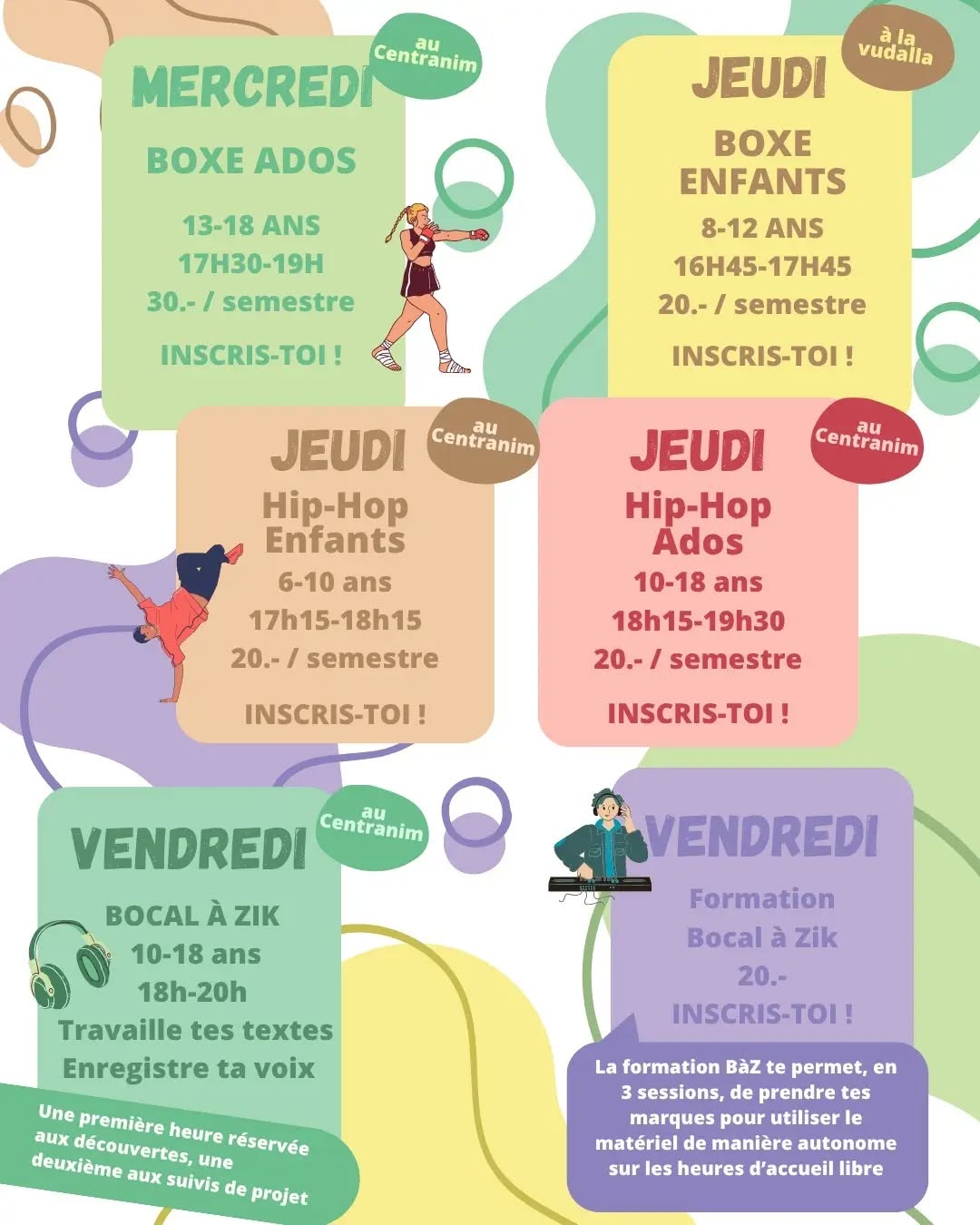 Les ateliers boxe, hip-hop et bocal à zik recommencent au Centranim la semaine du 7 septembre 2026 ! Viens t'inscrire sur notre site internet jeunesse-bulle.ch. Le lien est en bio instagram.
