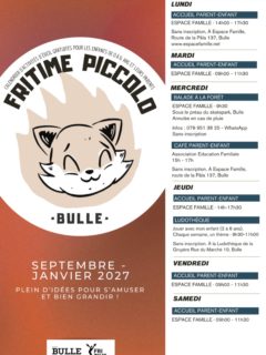 « Découvre nos programmes sur notre site internet. Le lien se trouve dans notre bio Instagram » : https://jeunesse-bulle.ch/petiteenfance/ .